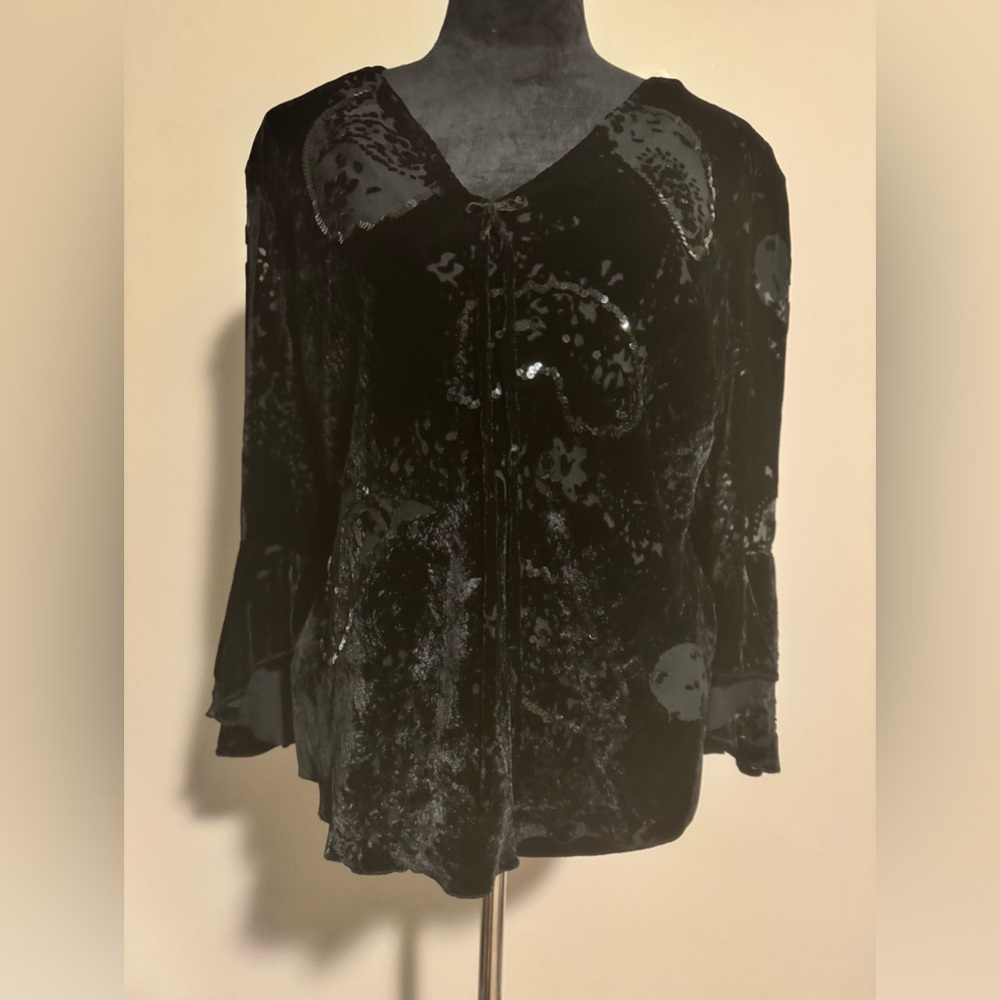 EUC Alexandra Bartlett Black Crushed Velvet Boho Goth Blouse size large